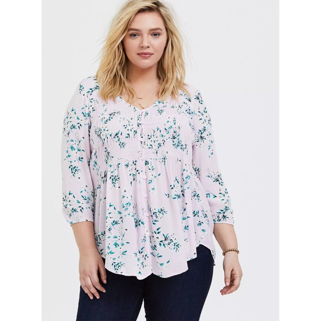 New Torrid Floral Smocked Babydoll Blouse Womens 4x Pink Crinkle Gauze Top